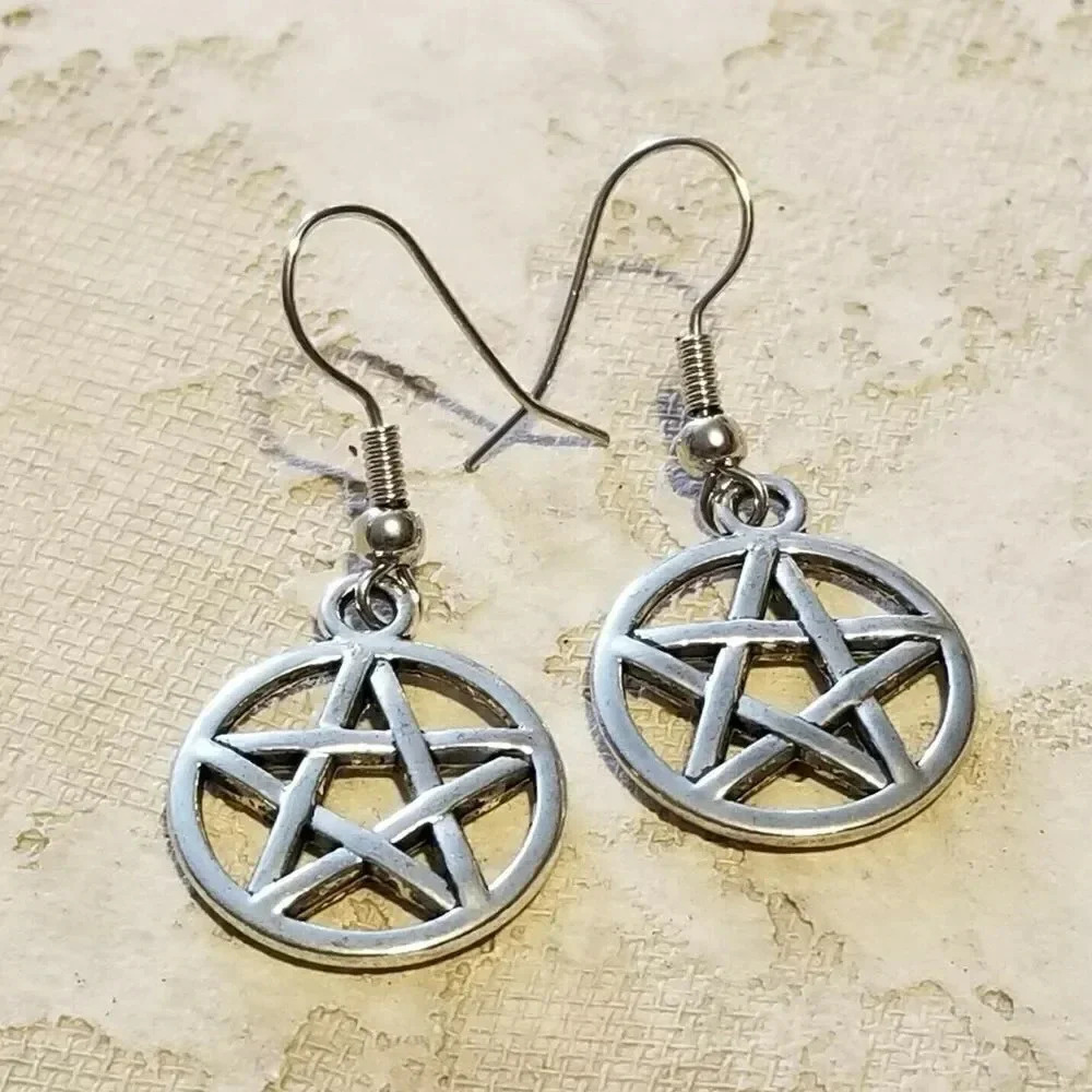 Handmade Antiqued Silver Plated Pentacle Wiccan Pagan Circle Drop Earrings
